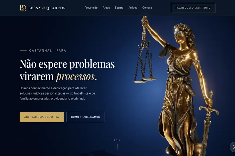 Site do escritório Bessa & Quadros Advocacia, com escultura da Justiça em 3D na abertura